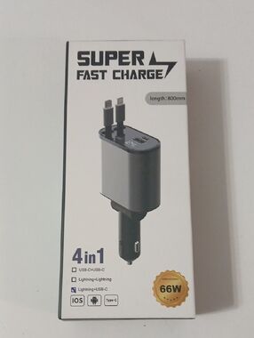 4-in-1 Super Fast Charge Car Adapter - Gray With Retractable Cords